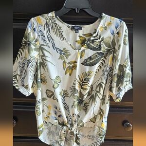 Haver Ivory Tie-Front V-Neck Blouse with Green and Yellow Floral Print